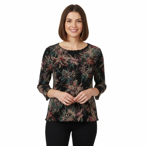 All Hours Tops - All Hours Sz L Lurex Glitter Floral Print Crinkle Texture Ruffle Trim Top Blouse